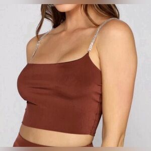 Windsor Brown Satin Crop Top with Silver Jewel Straps Size Small